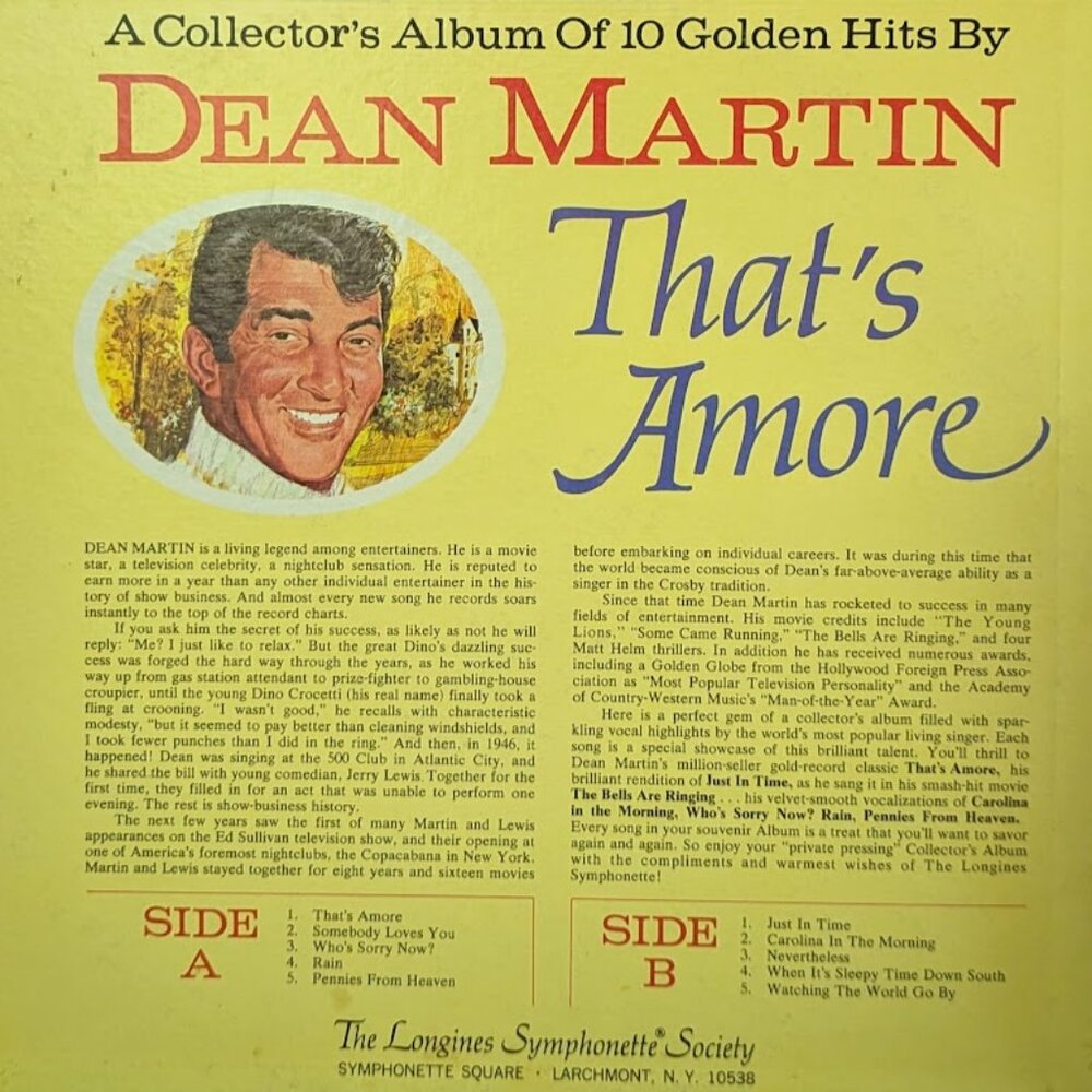 Dean Martin That's Amore 10 All-time Golden Hits LP VTG Vinyl Album Record 1973 - Picture 2 of 2